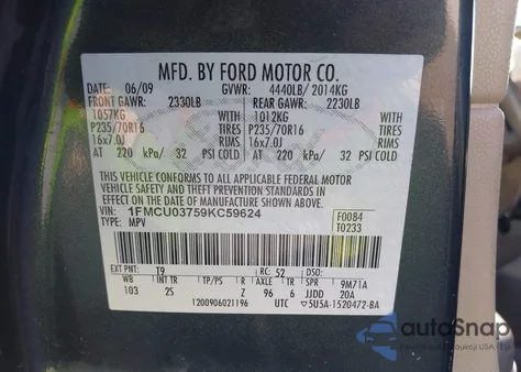 2009 Ford Escape Xlt from USA, damaged, VIN 1FMCU03759KC59624